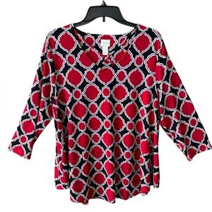 Chico’s size 2 Modern Montage Blouse Top L 12 Red Black shirt long sleeve
